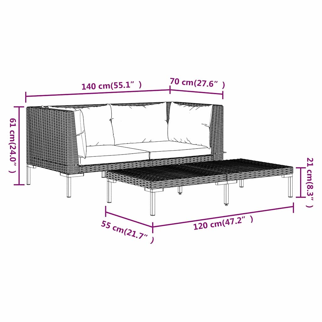 Set Divani da Giardino 3 pz Grigio Scuro Polyrattan Mezzo Tondo | homemem39
