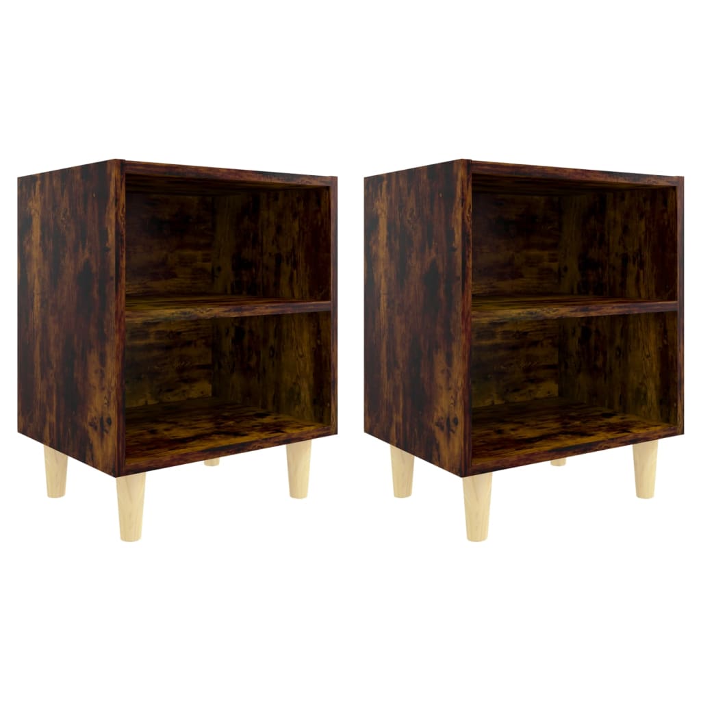 Comodini con Gambe in Legno Massello 2pz Rovere Fumo 40x30x50cm | homemem39