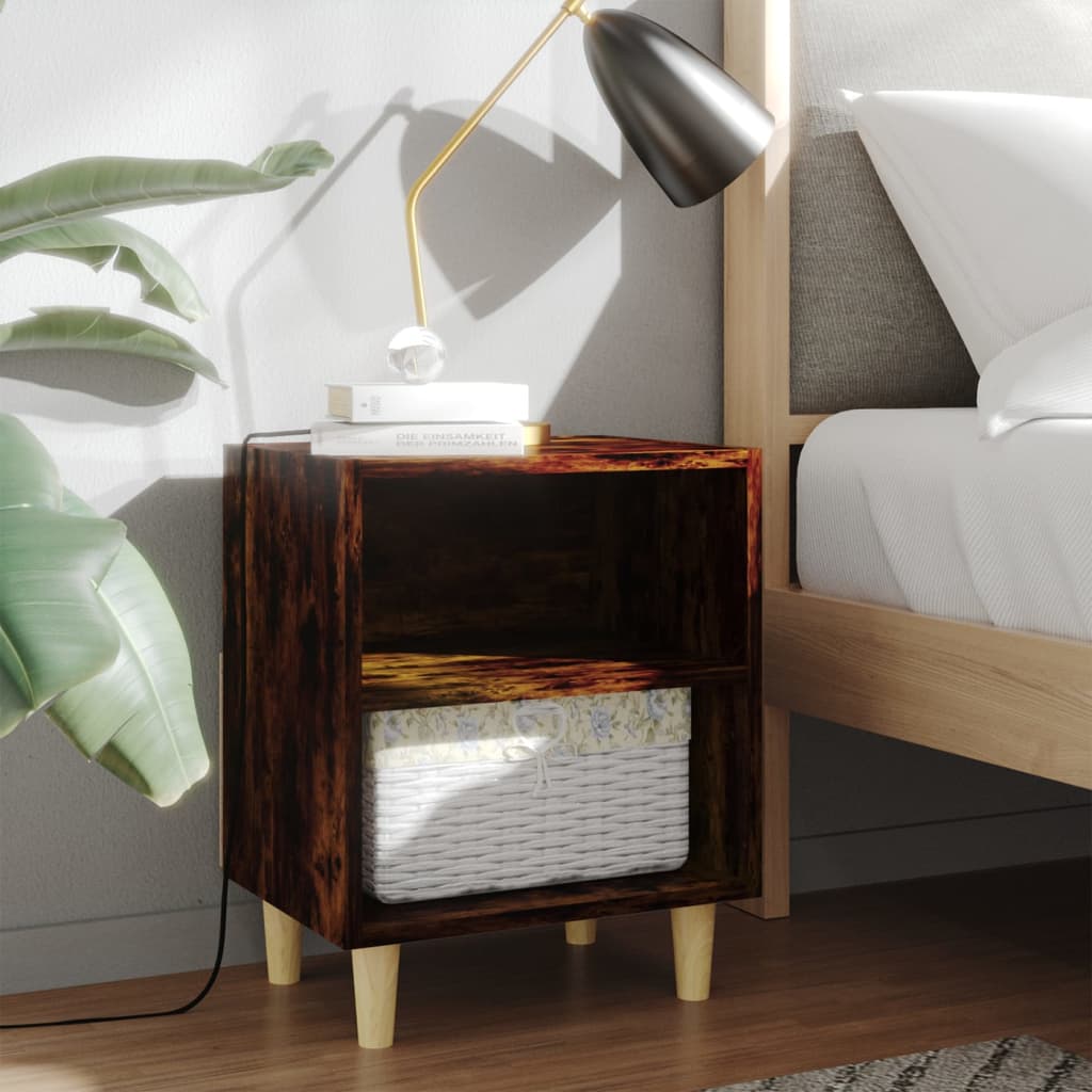 Comodini con Gambe in Legno Massello 2pz Rovere Fumo 40x30x50cm | homemem39