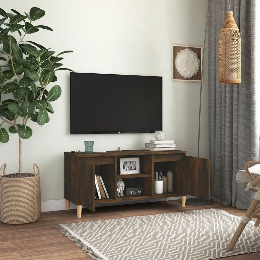 Mobile TV con Gambe in Legno Massello Rovere Fumo 103,5x35x50cm - homemem39