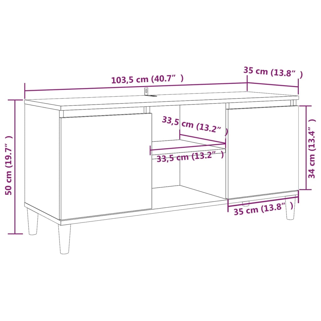 Mobile TV Gambe in Legno Massello Grigio Sonoma 103,5x35x50 cm