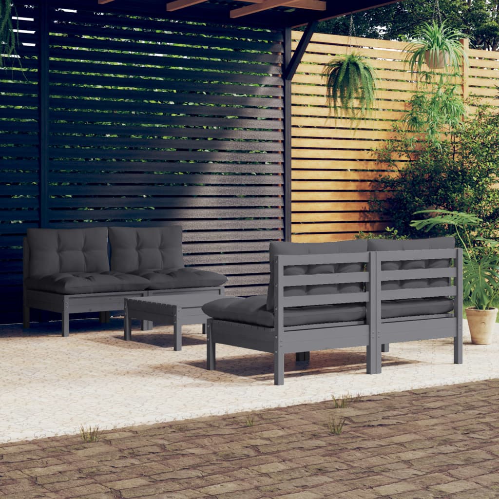 Set Divani da Giardino 5 pz con Cuscini Antracite Legno di Pino - homemem39