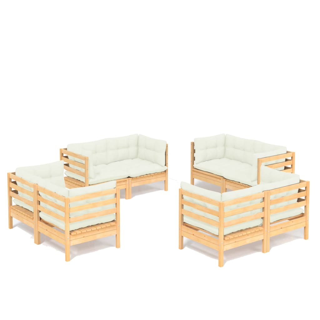 Set Salotto da Giardino 8 pz con Cuscini Crema in Legno di Pino