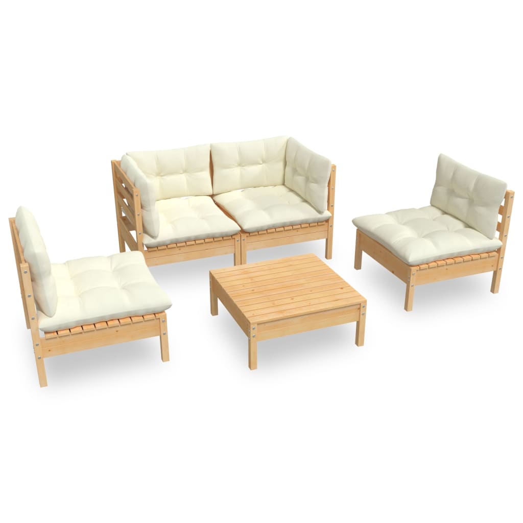 Set Divani da Giardino 5 pz con Cuscini Crema in Massello di Pino | homemem39