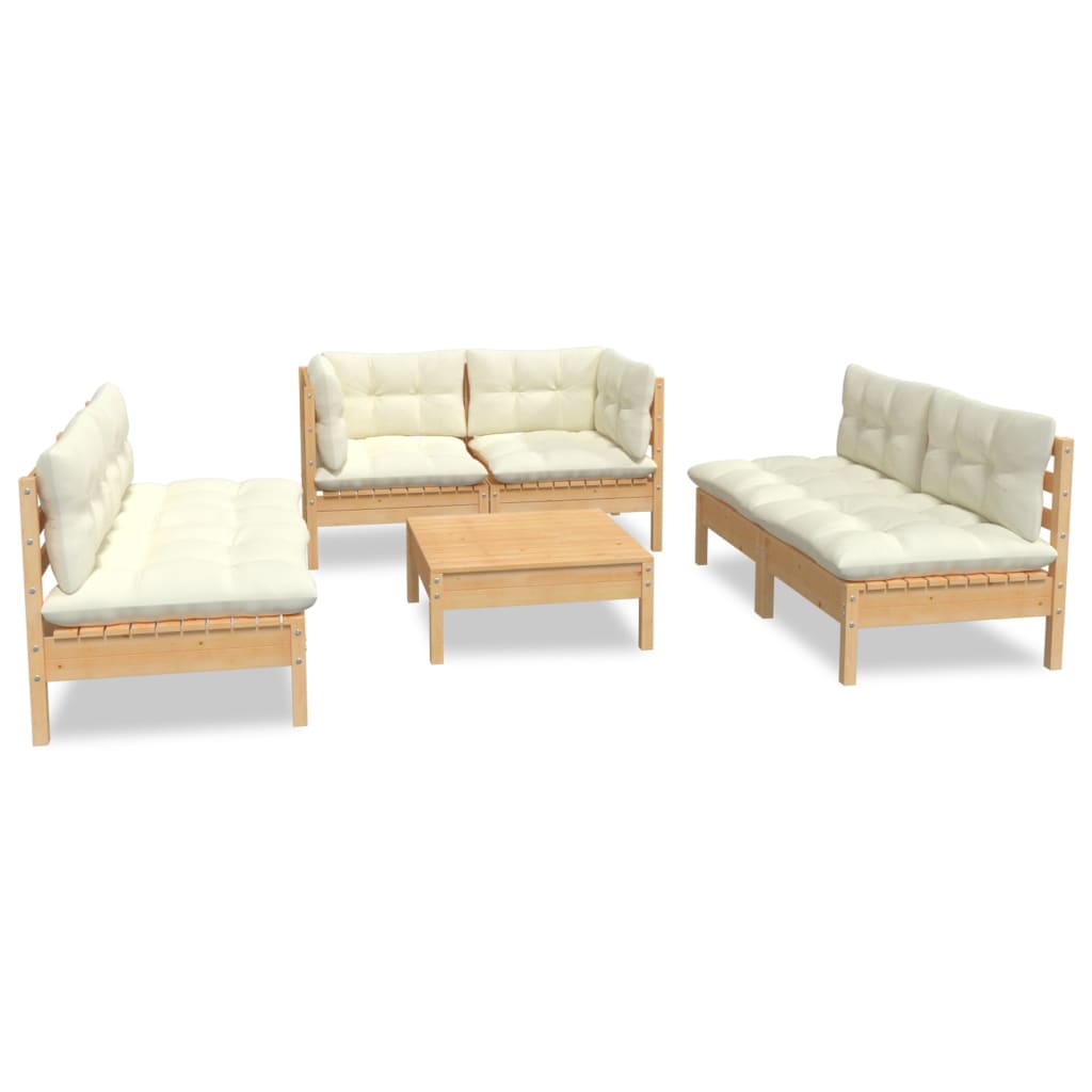 Set Divani da Giardino 7 pz con Cuscini Crema in Massello di Pino | homemem39