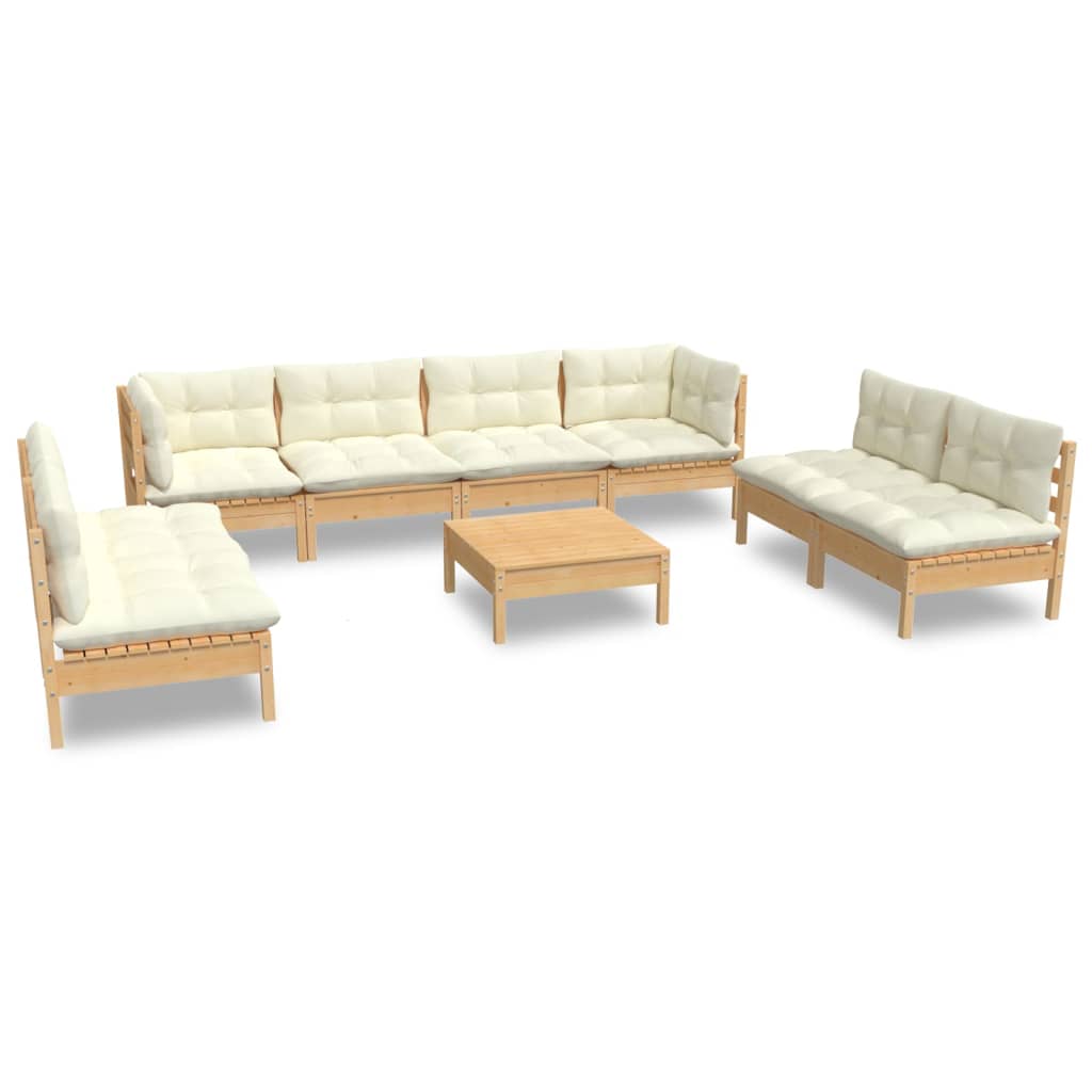Set Divani da Giardino 9 pz con Cuscini Crema in Massello di Pino | homemem39