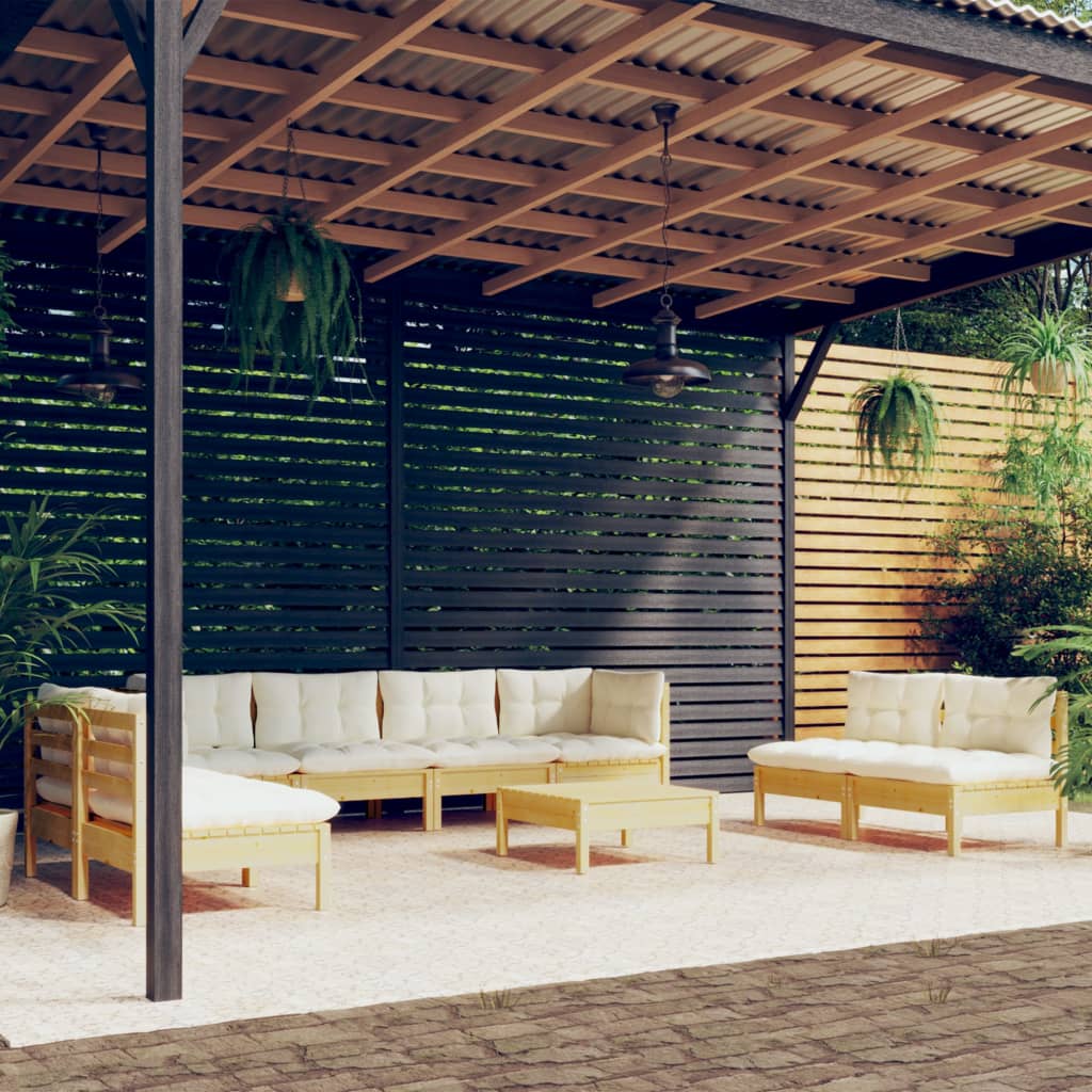Set Divani da Giardino 9 pz con Cuscini Crema in Massello di Pino | homemem39