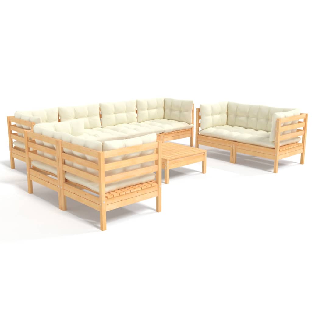 Set Divani da Giardino 9 pz con Cuscini Crema Massello di Pino | homemem39