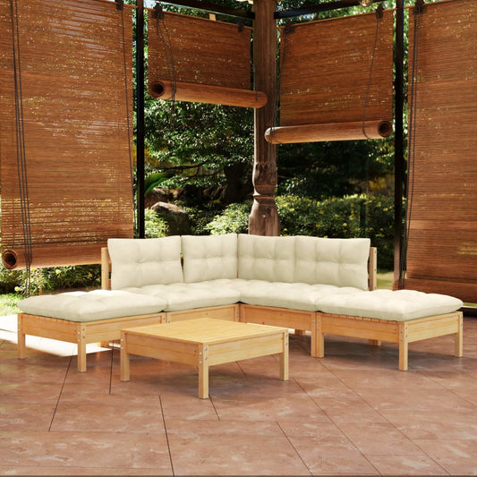 Set Salotto da Giardino 6 pz con Cuscini Crema Legno di Pino - homemem39