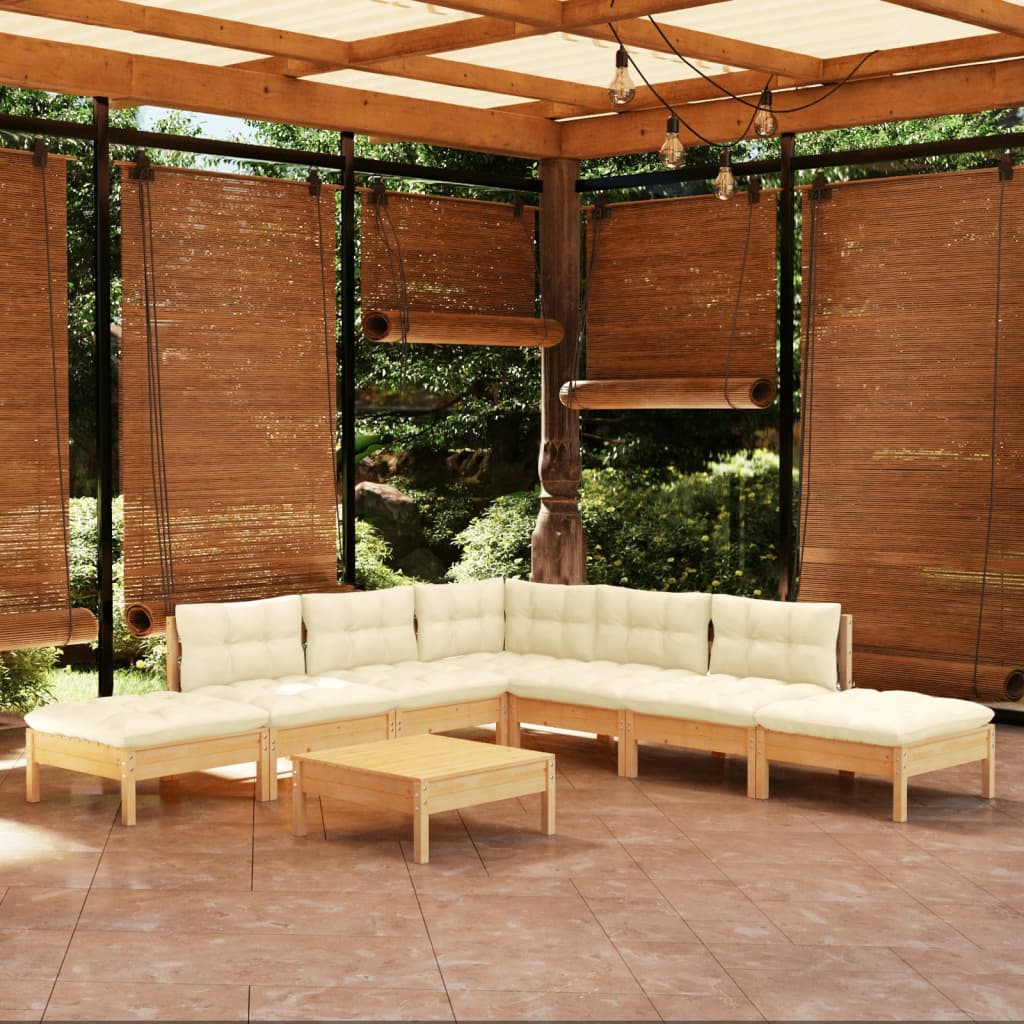 Set Salotto da Giardino 8 pz con Cuscini Crema in Legno di Pino