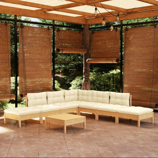Set Salotto da Giardino 8 pz con Cuscini Crema in Legno di Pino