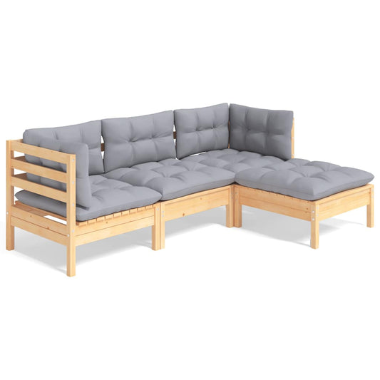 Set Divani da Giardino 4 pz con Cuscini Grigi Massello di Pino