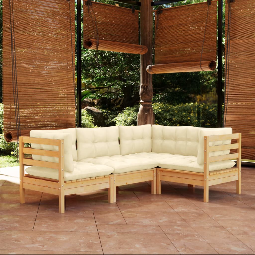 Set Salotto da Giardino 4 pz con Cuscini Crema in Legno di Pino