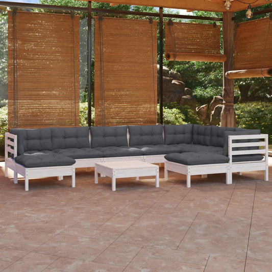 Set Divani da Giardino 10 pz con Cuscini Bianchi Legno di Pino - homemem39