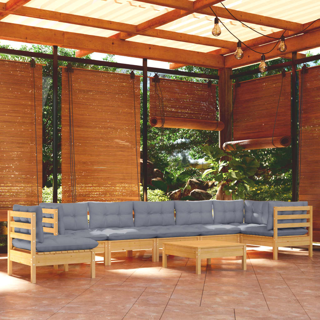 Set Divani da Giardino 9 pz con Cuscini Grigi Massello di Pino