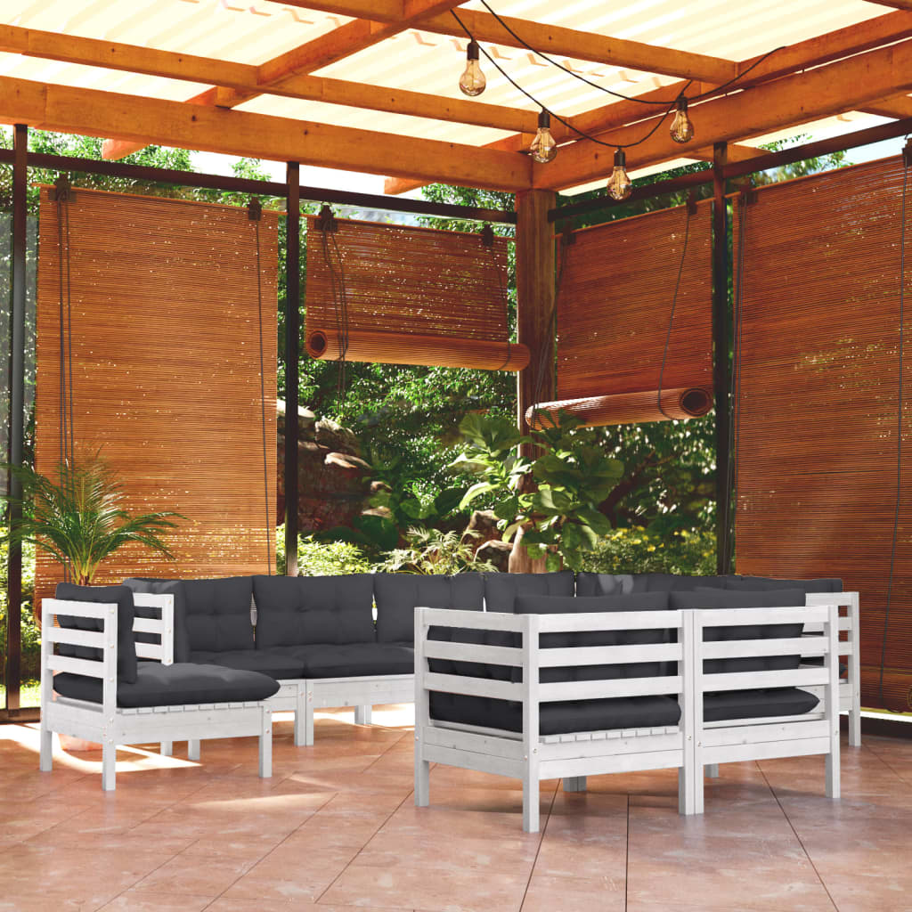 Set Divani da Giardino 9 pz con Cuscini Bianchi Legno di Pino | homemem39