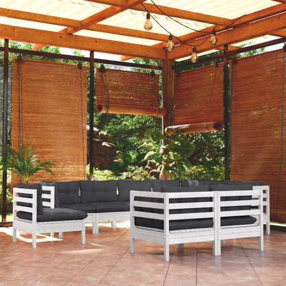 Set Divani da Giardino 9 pz con Cuscini Bianchi Legno di Pino | homemem39