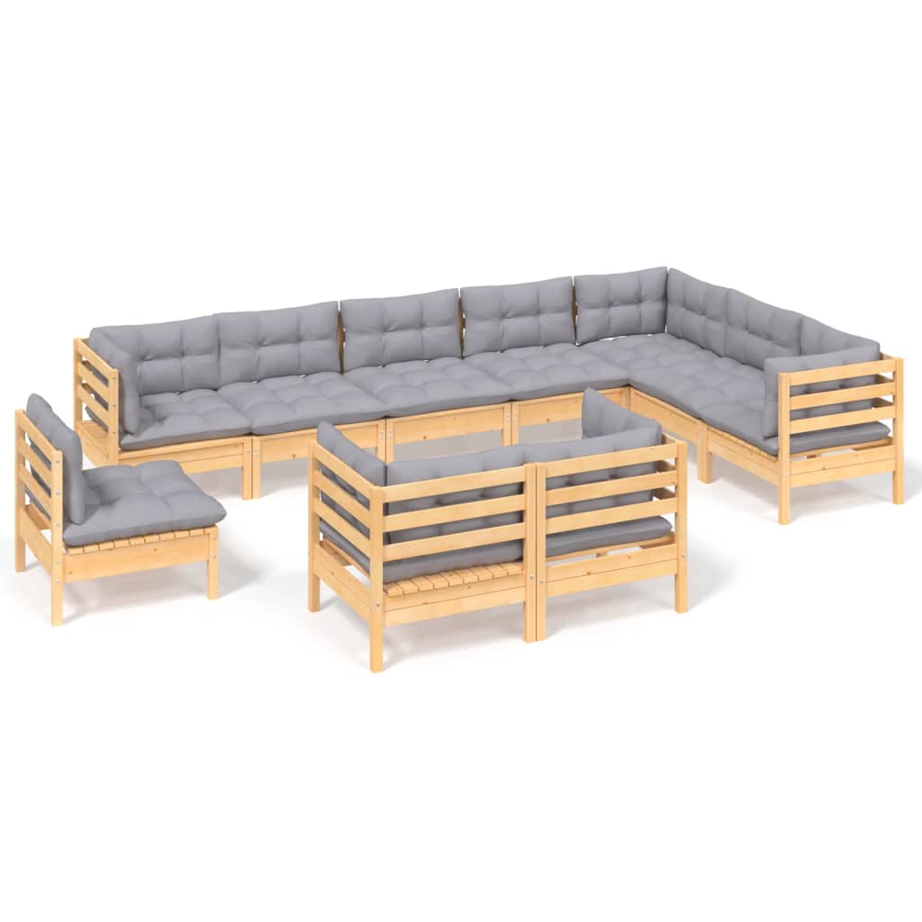 Set Divani da Giardino 10 pz con Cuscini Grigi Massello di Pino | homemem39