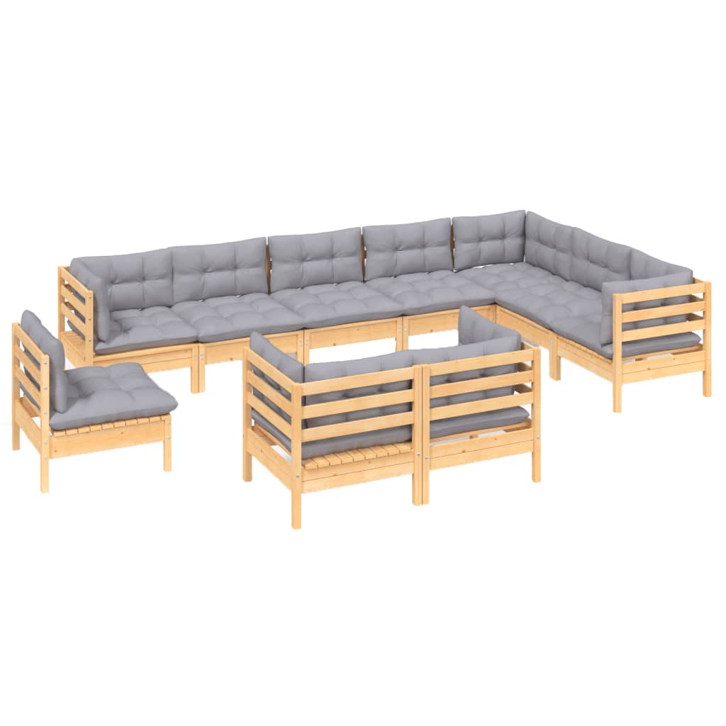 Set Divani da Giardino 10 pz con Cuscini Grigi Massello di Pino | homemem39