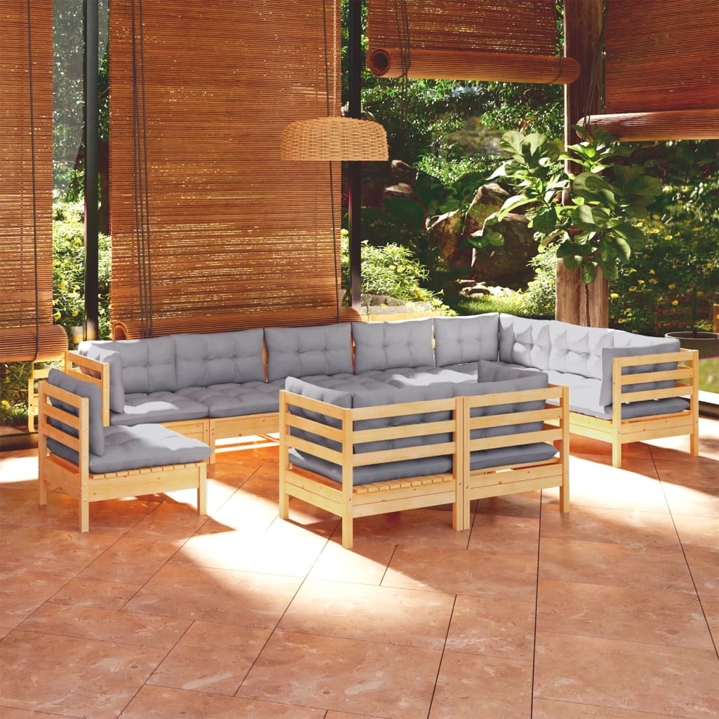 Set Divani da Giardino 10 pz con Cuscini Grigi Massello di Pino | homemem39