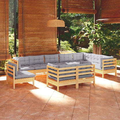 Set Divani da Giardino 10 pz con Cuscini Grigi Massello di Pino | homemem39