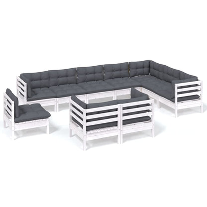 Set Divani da Giardino 10 pz con Cuscini Bianchi Legno di Pino | homemem39