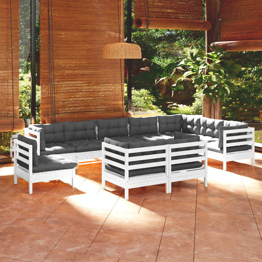 Set Divani da Giardino 10 pz con Cuscini Bianchi Legno di Pino - homemem39