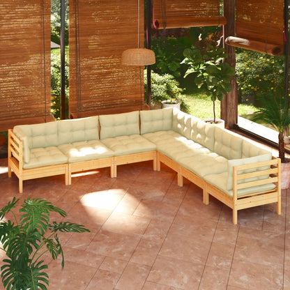 Set Divani da Giardino 7 pz con Cuscini Crema in Massello di Pino | homemem39