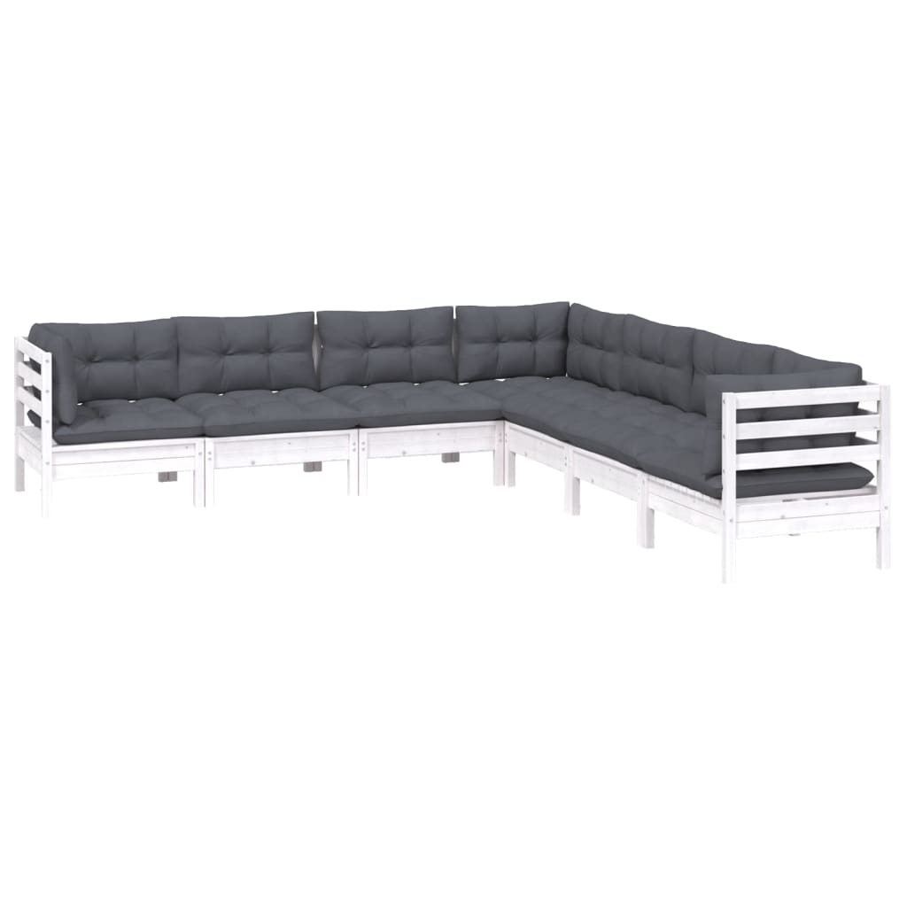 Set Divani da Giardino 7 pz con Cuscini Bianchi Legno di Pino | homemem39