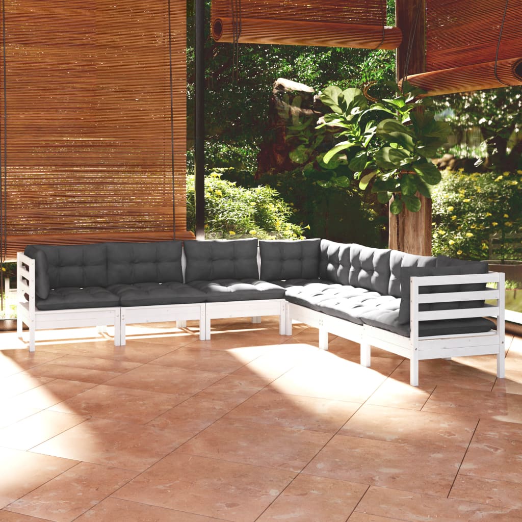 Set Divani da Giardino 7 pz con Cuscini Bianchi Legno di Pino | homemem39
