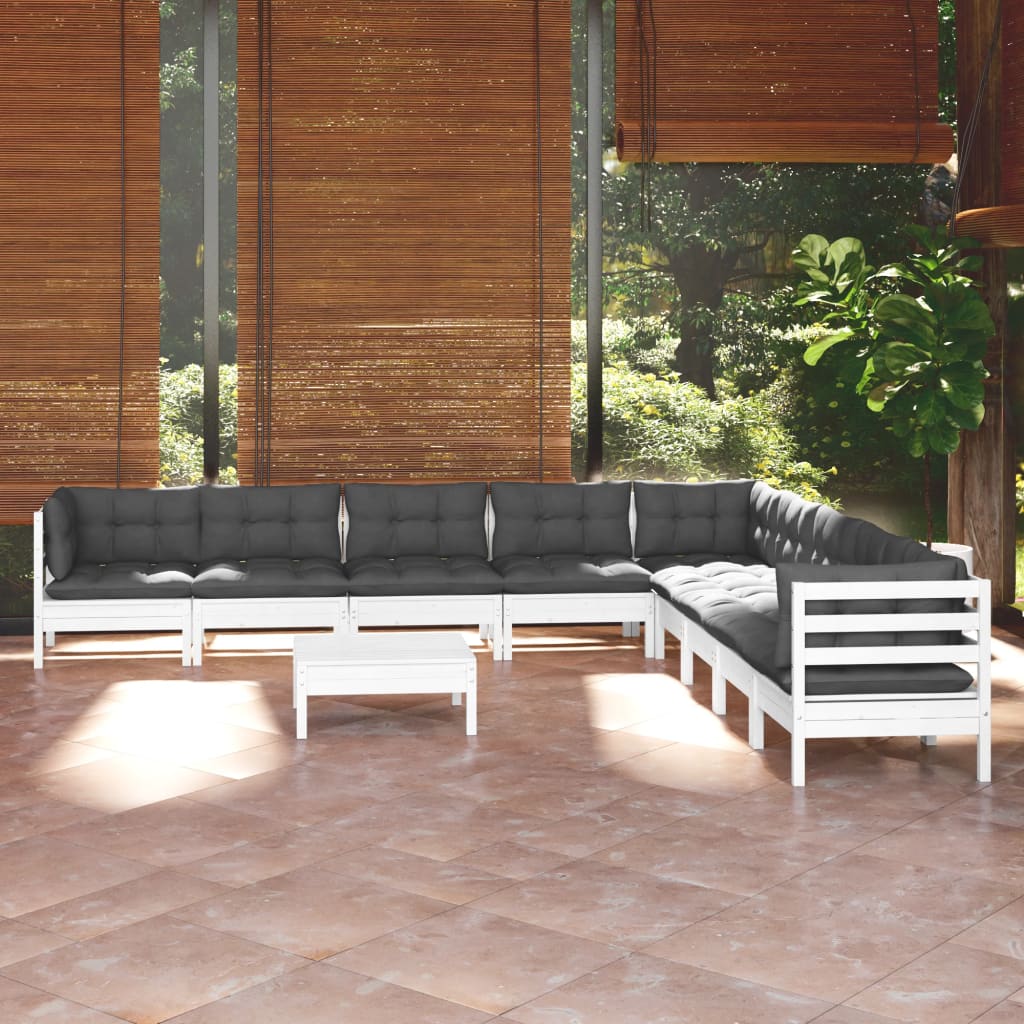Set Divani da Giardino 10 pz con Cuscini Bianchi Legno di Pino - homemem39