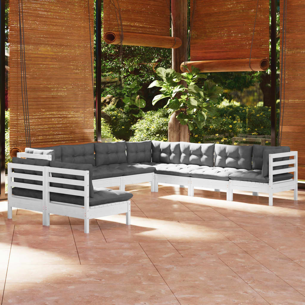 Set Divani da Giardino 9 pz con Cuscini Bianchi Legno di Pino | homemem39