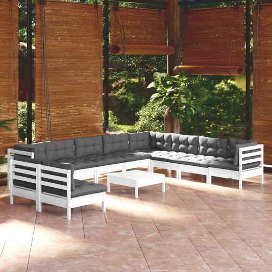 Set Divani da Giardino 11 pz con Cuscini Bianchi Legno di Pino - homemem39
