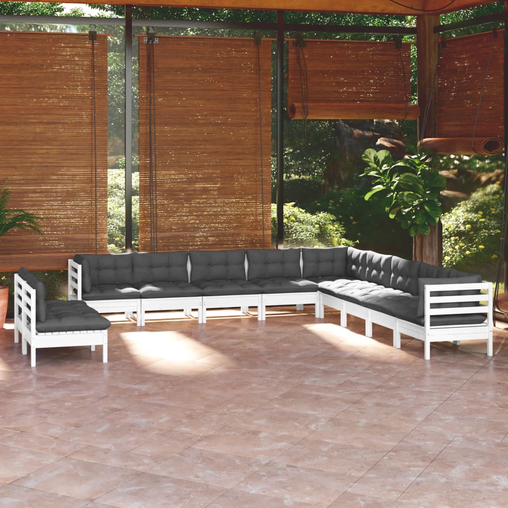 Set Divani da Giardino 11 pz con Cuscini Bianchi Legno di Pino - homemem39