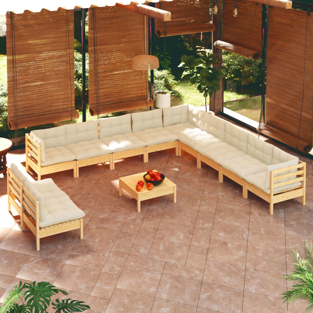 Set Divani da Giardino 12 pz con Cuscini Crema Massello di Pino | homemem39