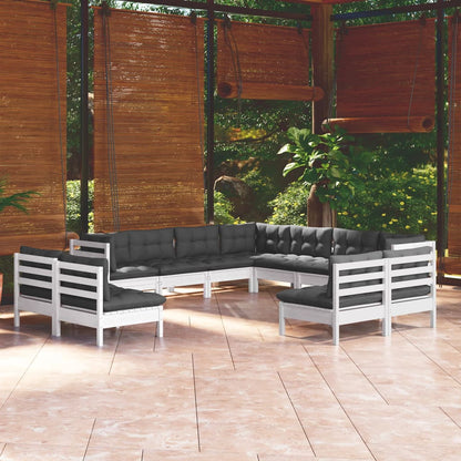 Set Divani da Giardino 11 pz con Cuscini Bianchi Legno di Pino | homemem39