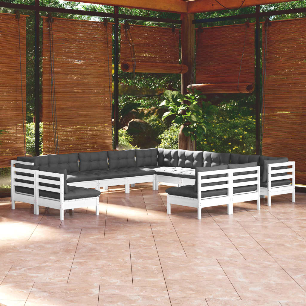 Set Divani da Giardino 13 pz con Cuscini Bianchi Legno di Pino - homemem39