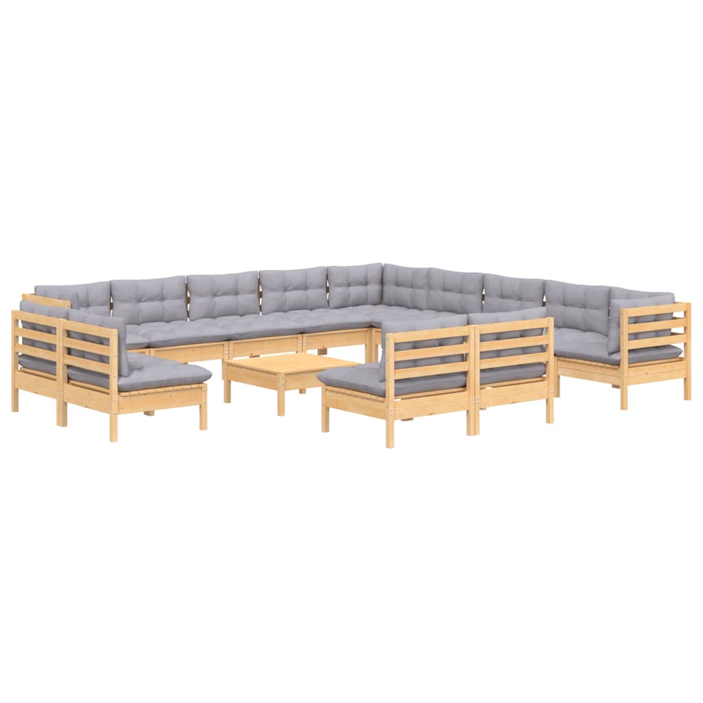 Set Divani da Giardino 14 pz con Cuscini Grigi Massello di Pino | homemem39
