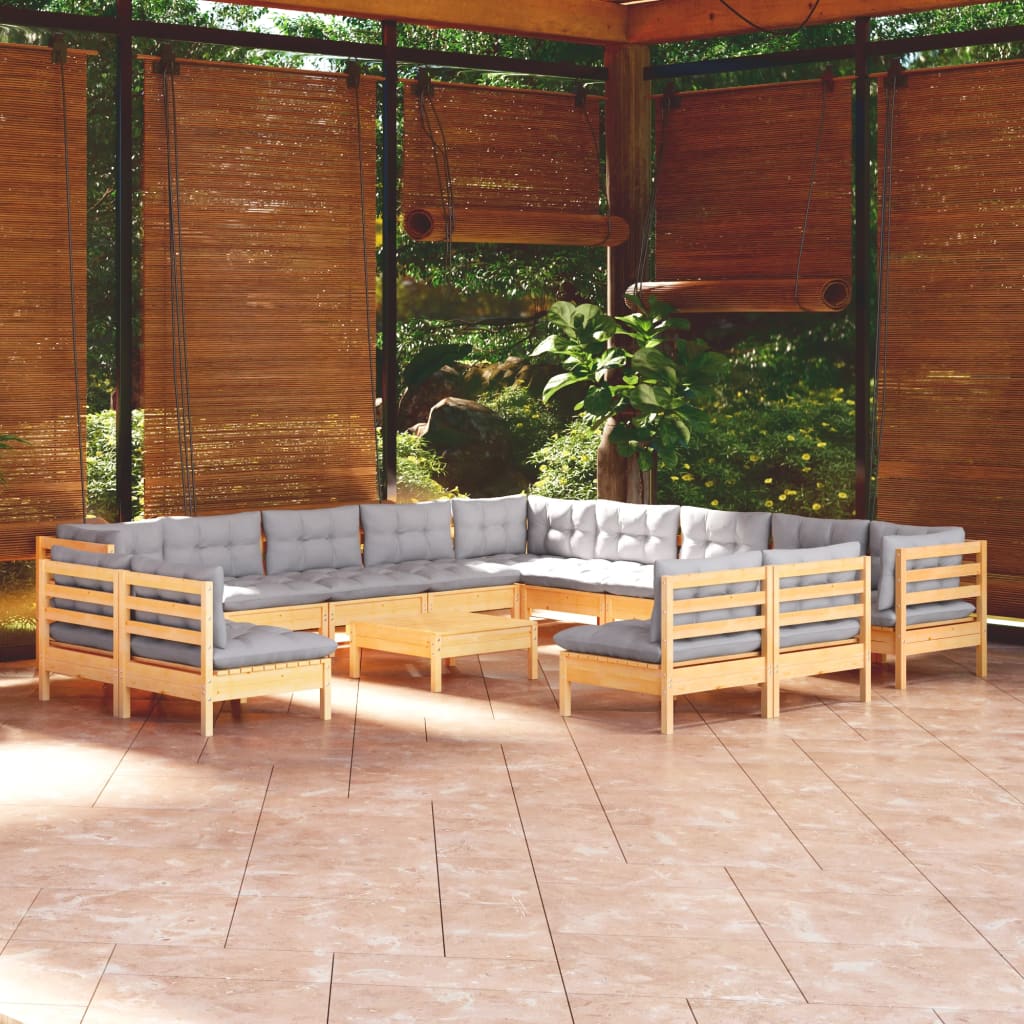 Set Divani da Giardino 14 pz con Cuscini Grigi Massello di Pino | homemem39