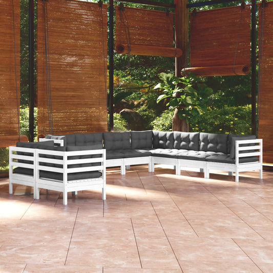 Set Divani da Giardino 9 pz con Cuscini Bianchi Legno di Pino - homemem39