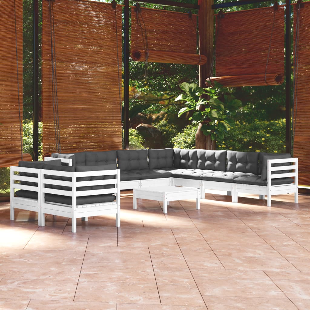 Set Divani da Giardino 10 pz con Cuscini Bianchi Legno di Pino - homemem39