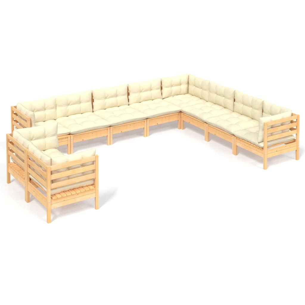 Set Divani da Giardino 10 pz con Cuscini Crema in Massello di Pino | homemem39