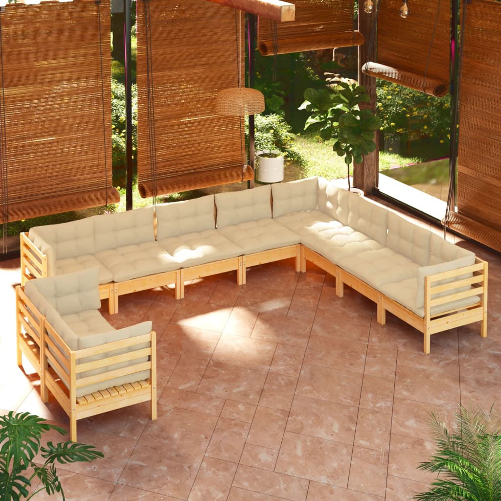 Set Divani da Giardino 10 pz con Cuscini Crema in Massello di Pino | homemem39