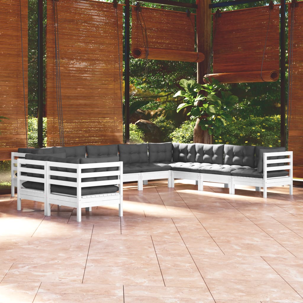 Set Divani da Giardino 10 pz con Cuscini Bianchi Legno di Pino - homemem39