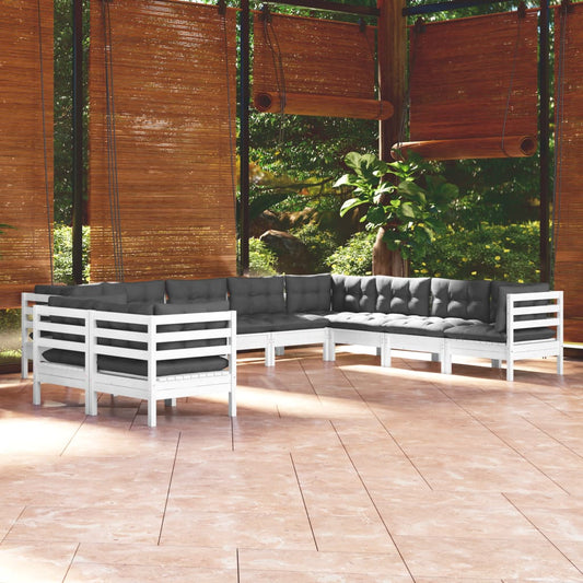 Set Divani da Giardino 10 pz con Cuscini Bianchi Legno di Pino - homemem39