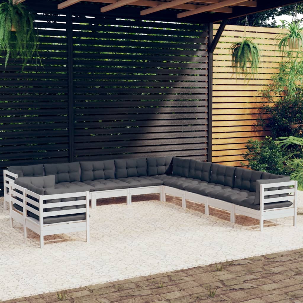 Set Divani da Giardino 11 pz con Cuscini Bianchi Legno di Pino | homemem39