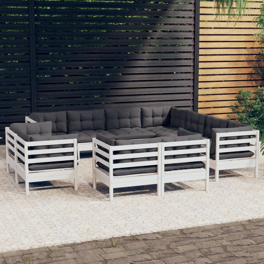 Set Divani da Giardino 11 pz con Cuscini Bianchi Legno di Pino - homemem39