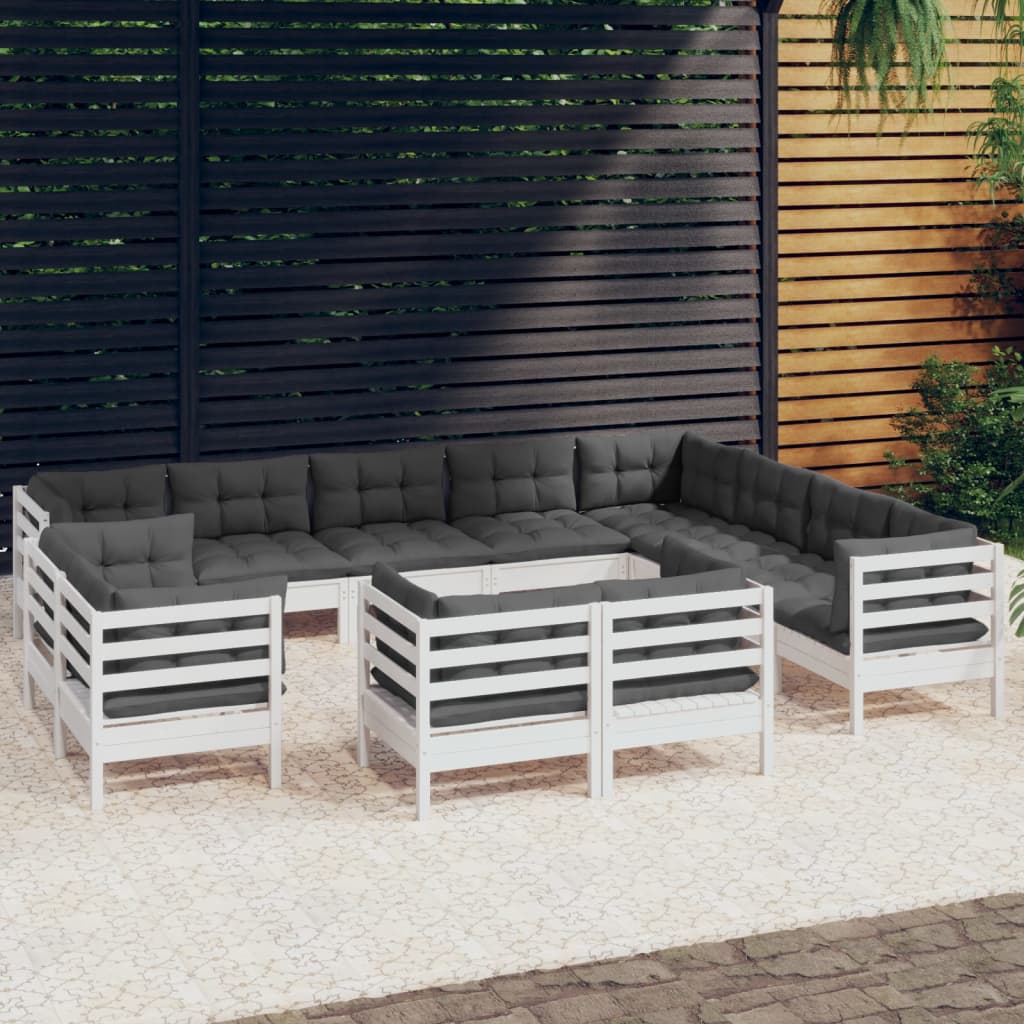 Set Divani da Giardino 12 pz con Cuscini Bianchi Legno di Pino - homemem39
