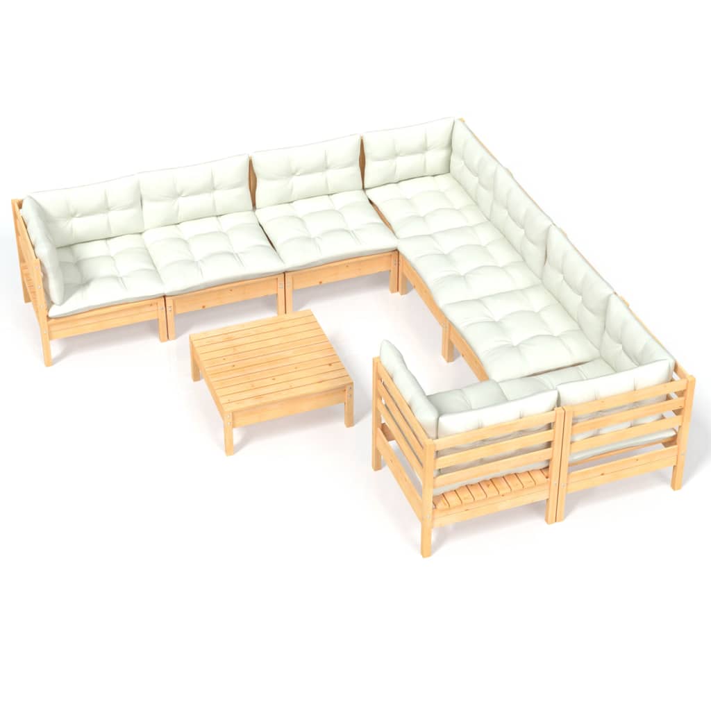 Set Salotto da Giardino 9 pz con Cuscini Crema in Legno di Pino | homemem39