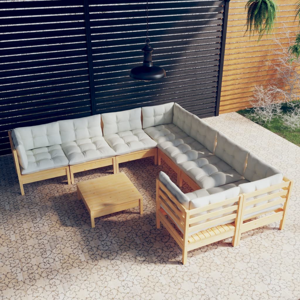 Set Salotto da Giardino 9 pz con Cuscini Crema in Legno di Pino | homemem39